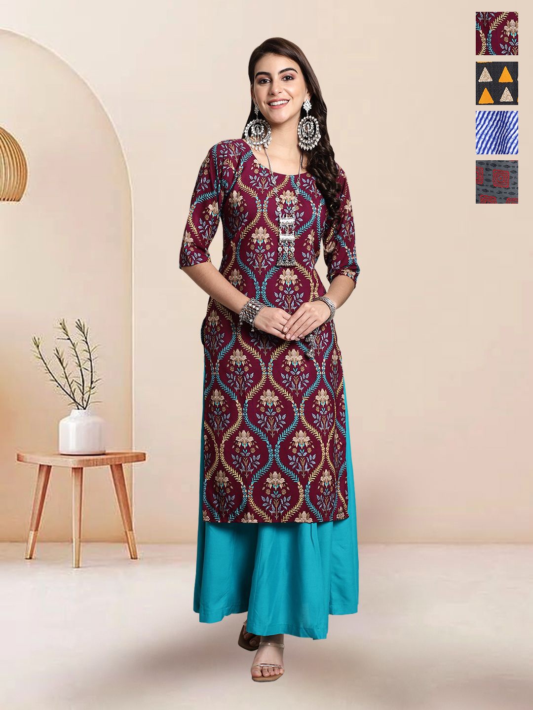 

7Threads Selection Of 5 Leheriya Printed Round Neck Kurtas, Blue