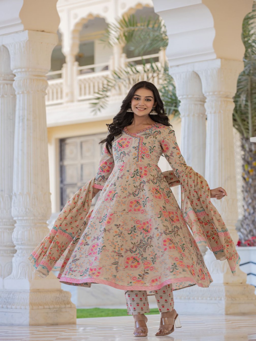 

AARDRAA Floral Printed Mirror Work Pure Cotton Anarkali Kurta With Trousers & Dupatta, Peach