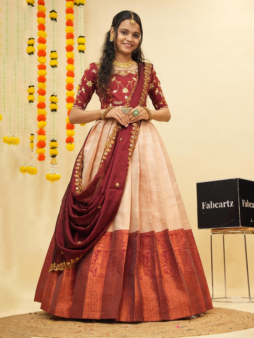 

Fabcartz Embroidered Zari Semi-Stitched Lehenga & Unstitched Blouse With Dupatta, Cream