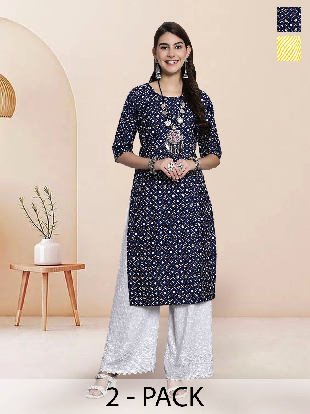 

7Threads Selection Of 2 Floral Printed Round Neck Straight Kurtas, Blue