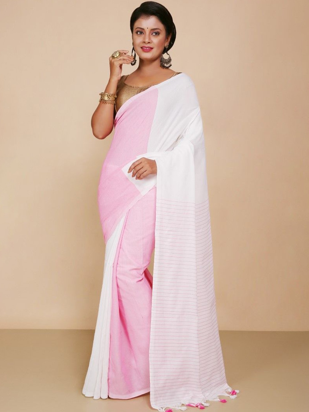 

BENGAL HANDLOOM Pure Cotton Half and Half Taant Saree, White