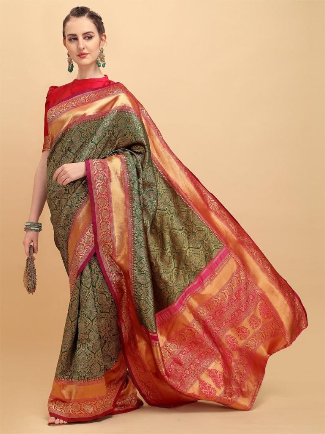 

ZIBLON Woven Design Zari Pure Silk Kanjeevaram Saree, Green