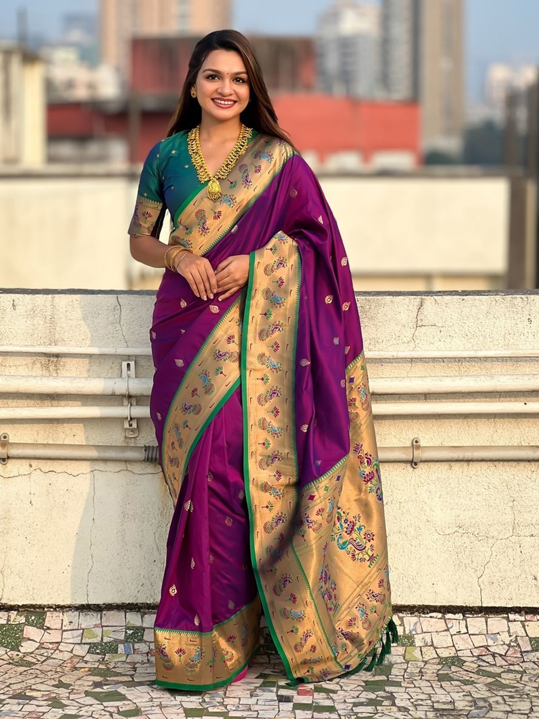 

Suha Woven Design Zari Art Silk Paithani Saree, Purple