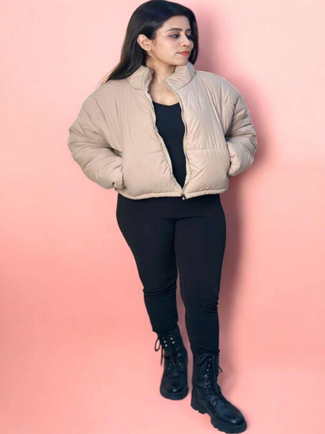 

HOW House Of Wear Women Mock Collar Solid Casual Lightweight Puffer Jacket, Beige