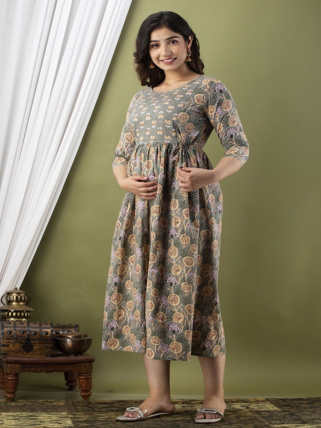 

Nevisha Style Women Floral Printed Thread Work Floral Maternity Anarkali Kurta, Grey
