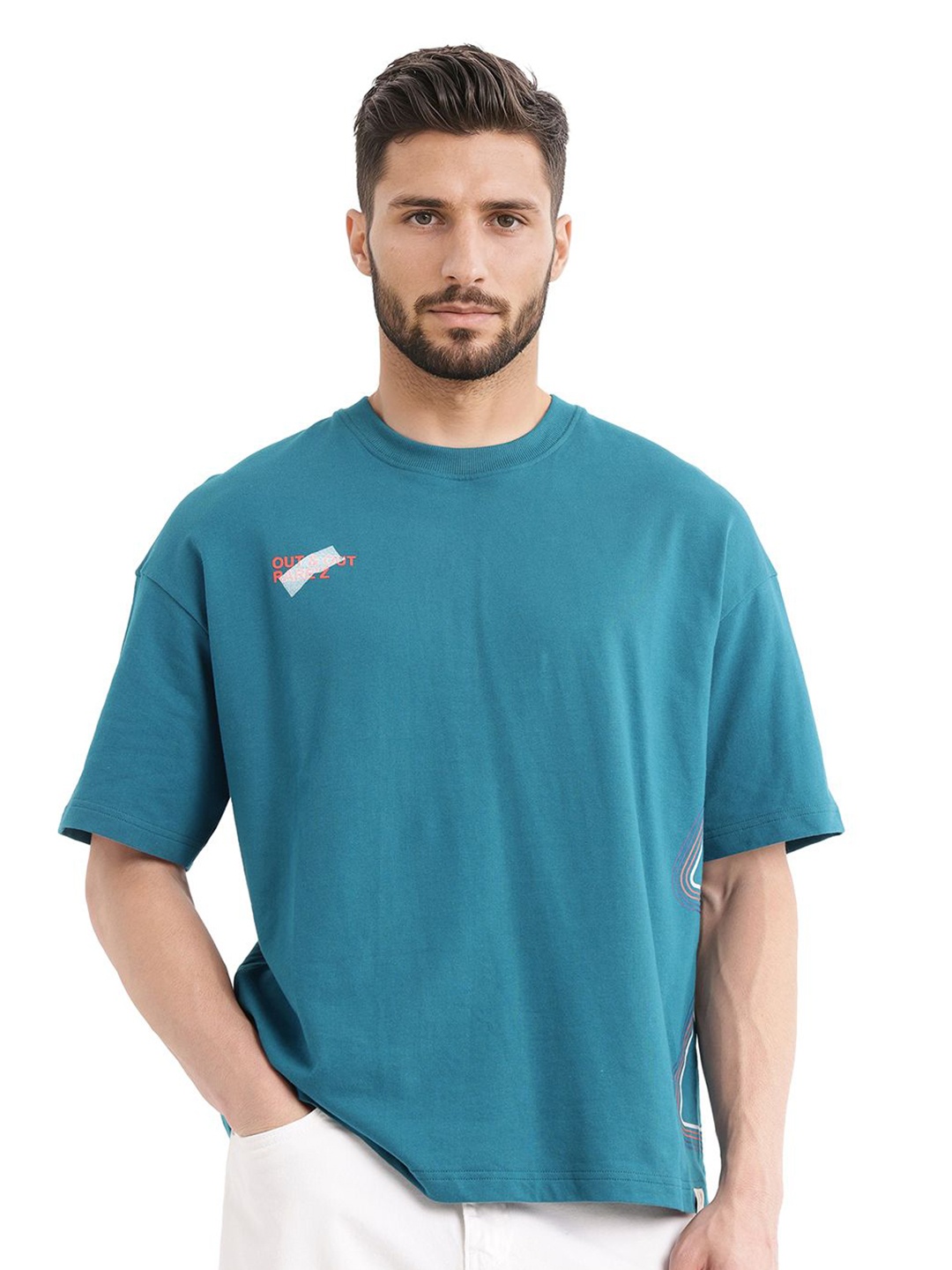 

RARE RABBIT Men Striped Round Neck Cotton Oversized T-shirt, Teal