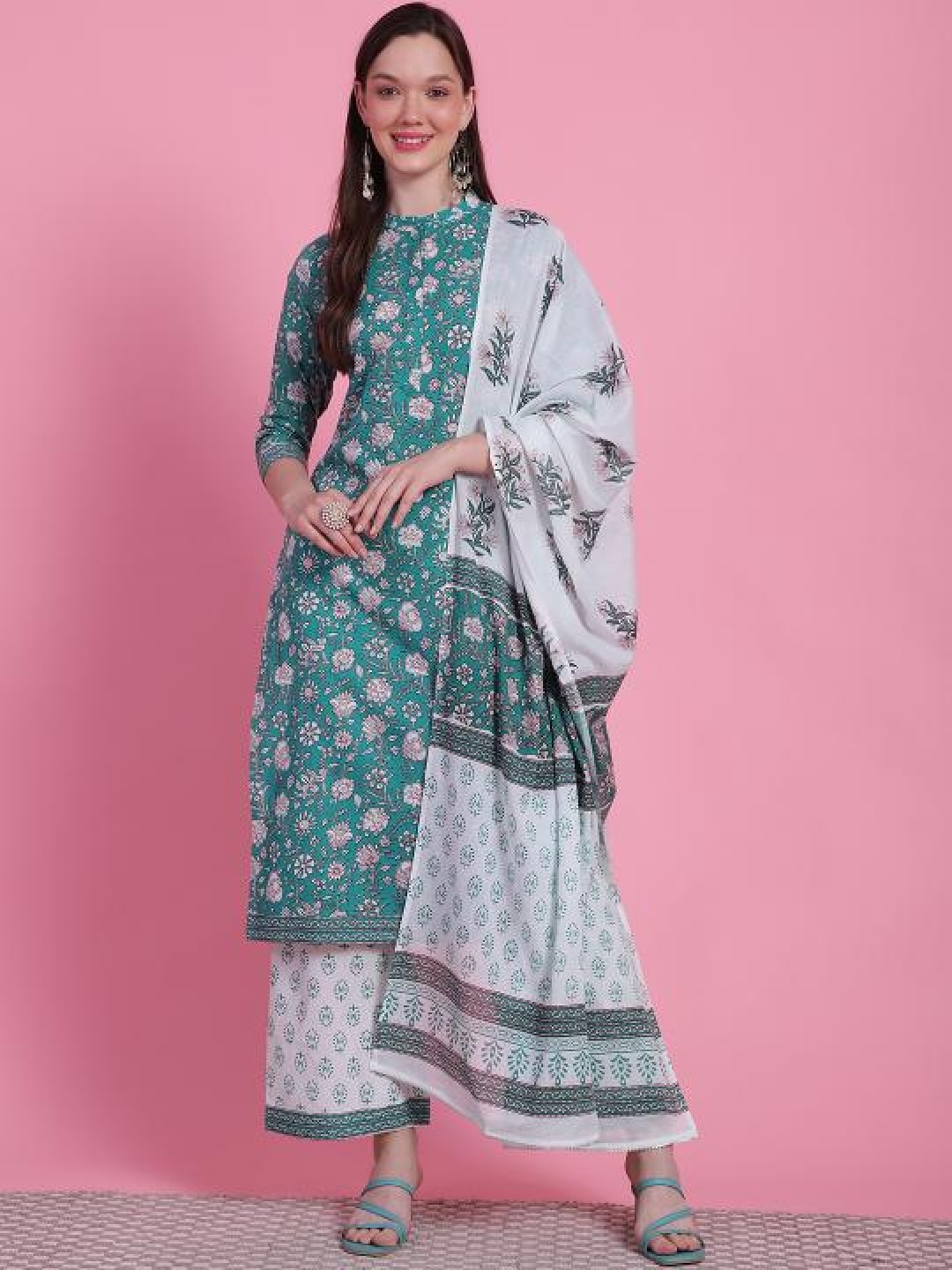 

Anouk Green Ethnic Motifs Printed Pure Cotton Straight Kurta With Palazzos & Dupatta