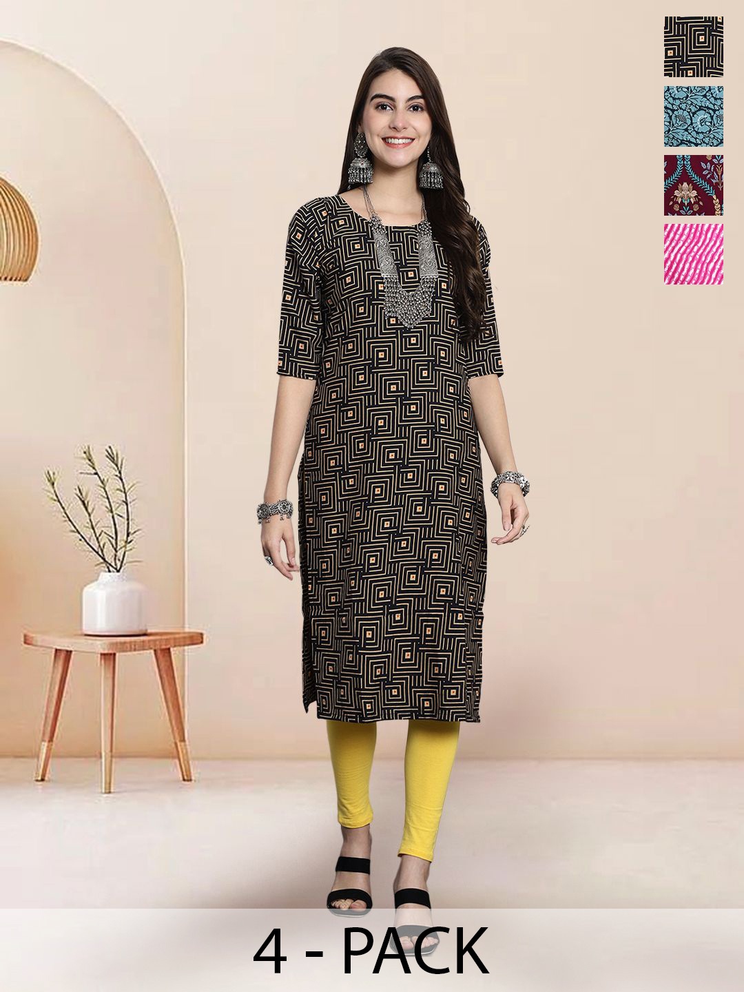 

7Threads Selection Of 4 Geometric Printed Round Neck Straight Kurtas, Black