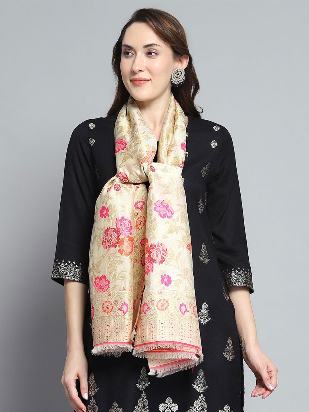 

Monte Carlo Floral Woven-Design Woolen Shawl, Cream