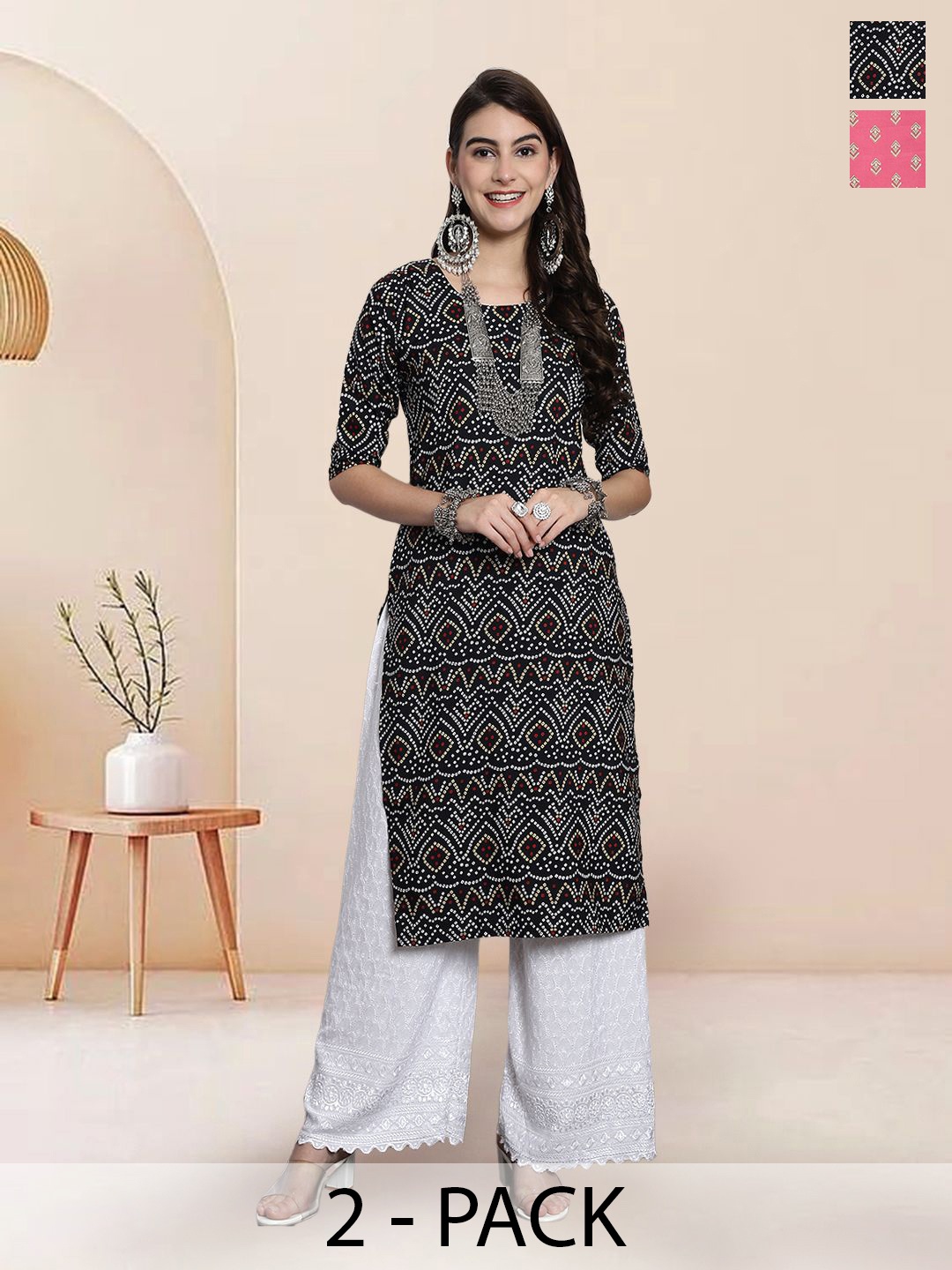 

7Threads Selection Of 2 Ethnic Motifs Printed Round Neck Straight Kurtas, Black