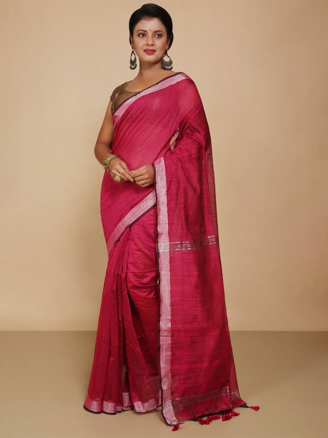 

BENGAL HANDLOOM Art Silk Taant Saree, Pink