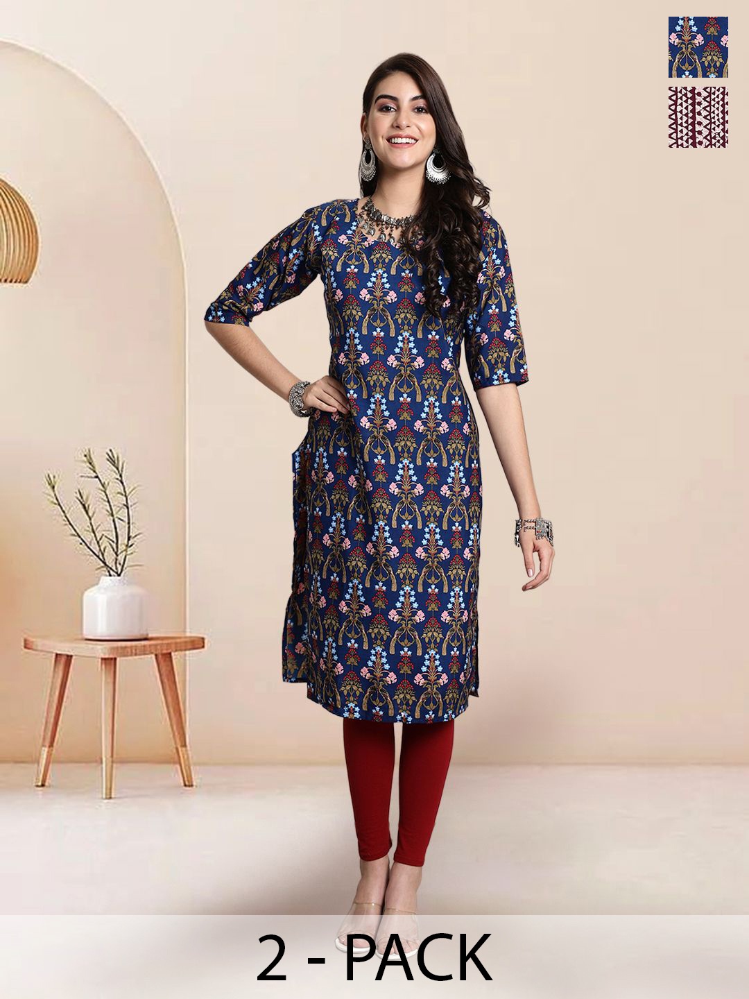 

7Threads Selection of 2 Floral Printed Round Neck Straight Kurtas, Blue