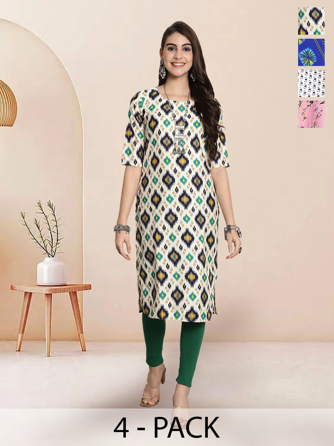 

7Threads Selection Of 4 Geometric Printed Round Neck Straight Kurtas, White