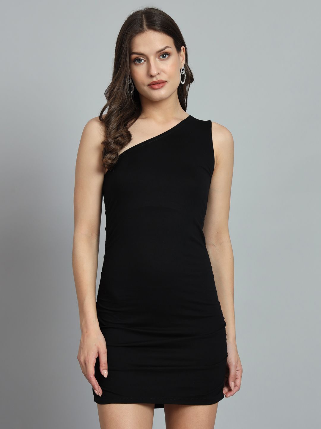 

ND & R Women Solid Strechable Single Shoulder Bodycon Dress, Black