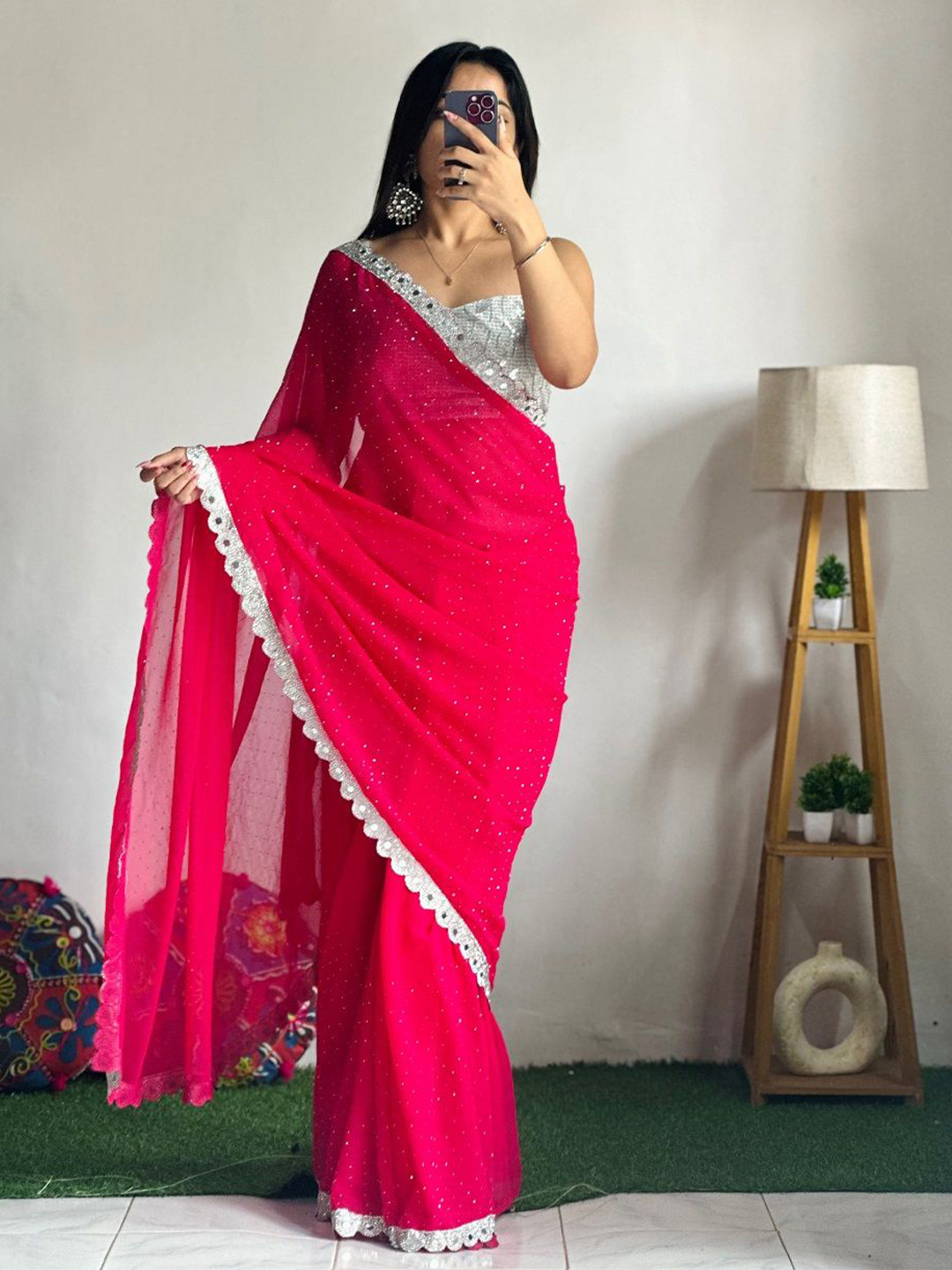 

choiceit Mirror Work Pure Silk Saree, Pink