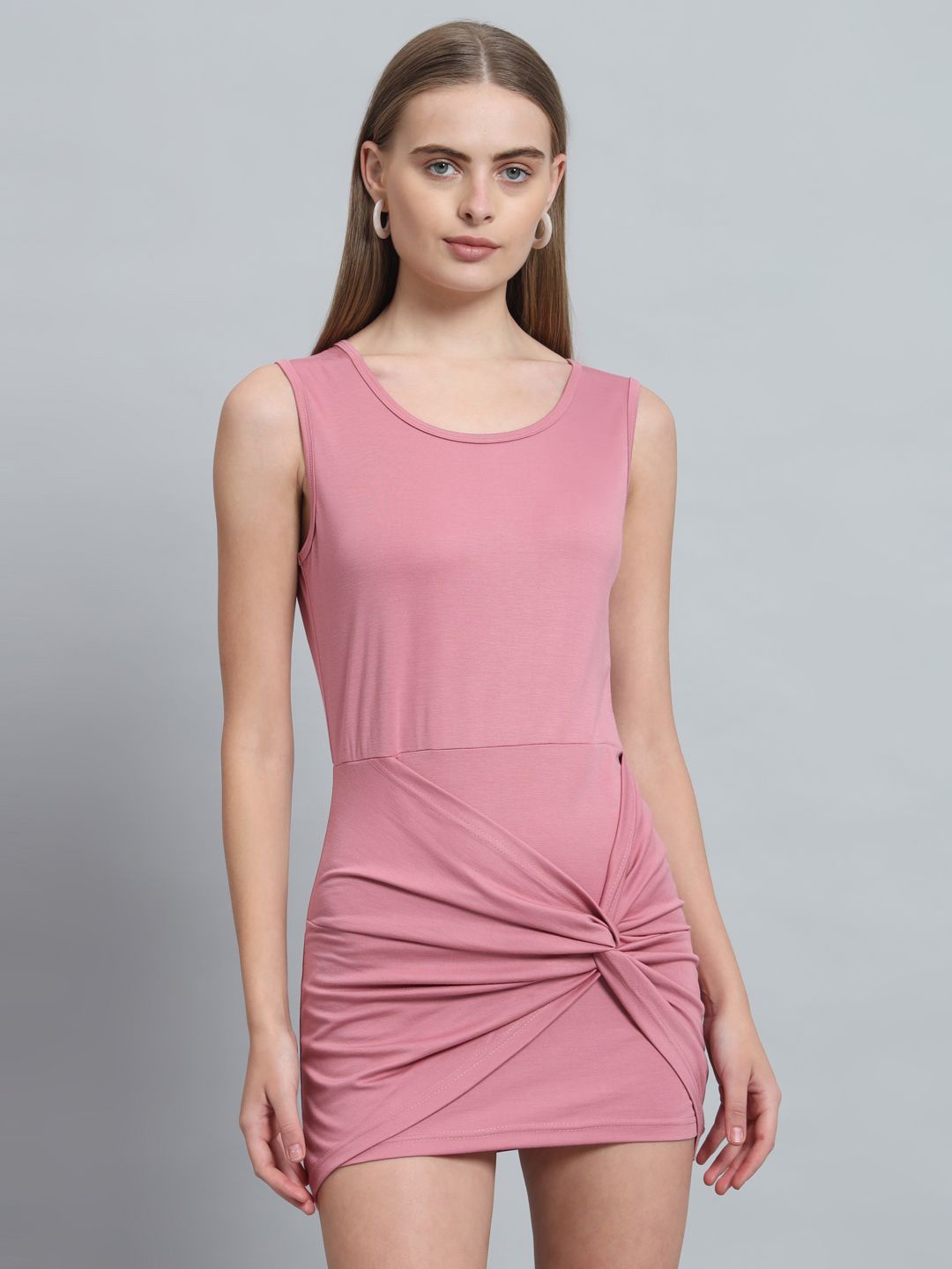 

ND & R Women Solid Strechable Sleeveless Twisted Bodycon Mini Length Dress, Pink