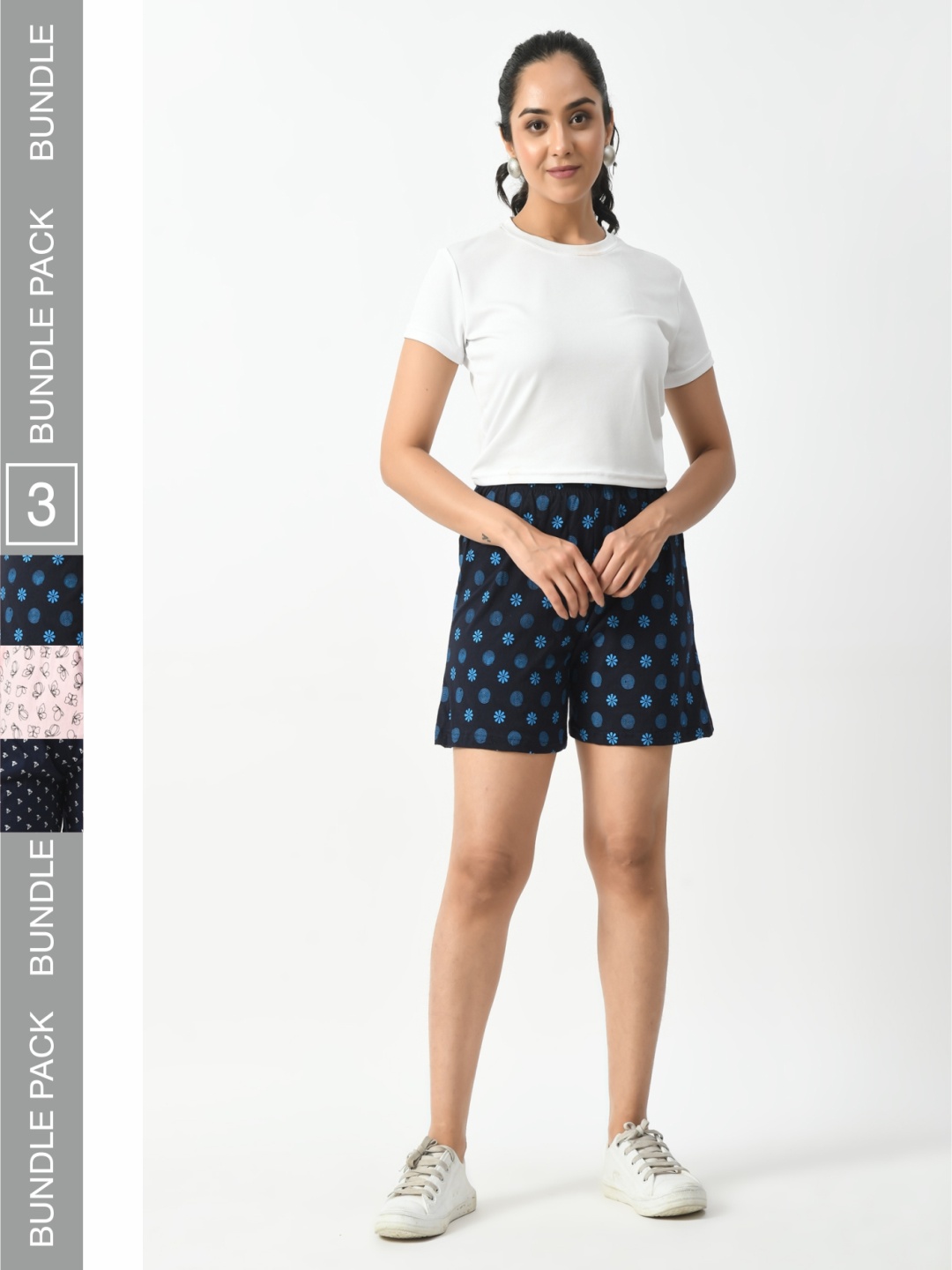 

BAESD Women Pack of 3 Printed High-Rise Pure Cotton Shorts, Navy blue