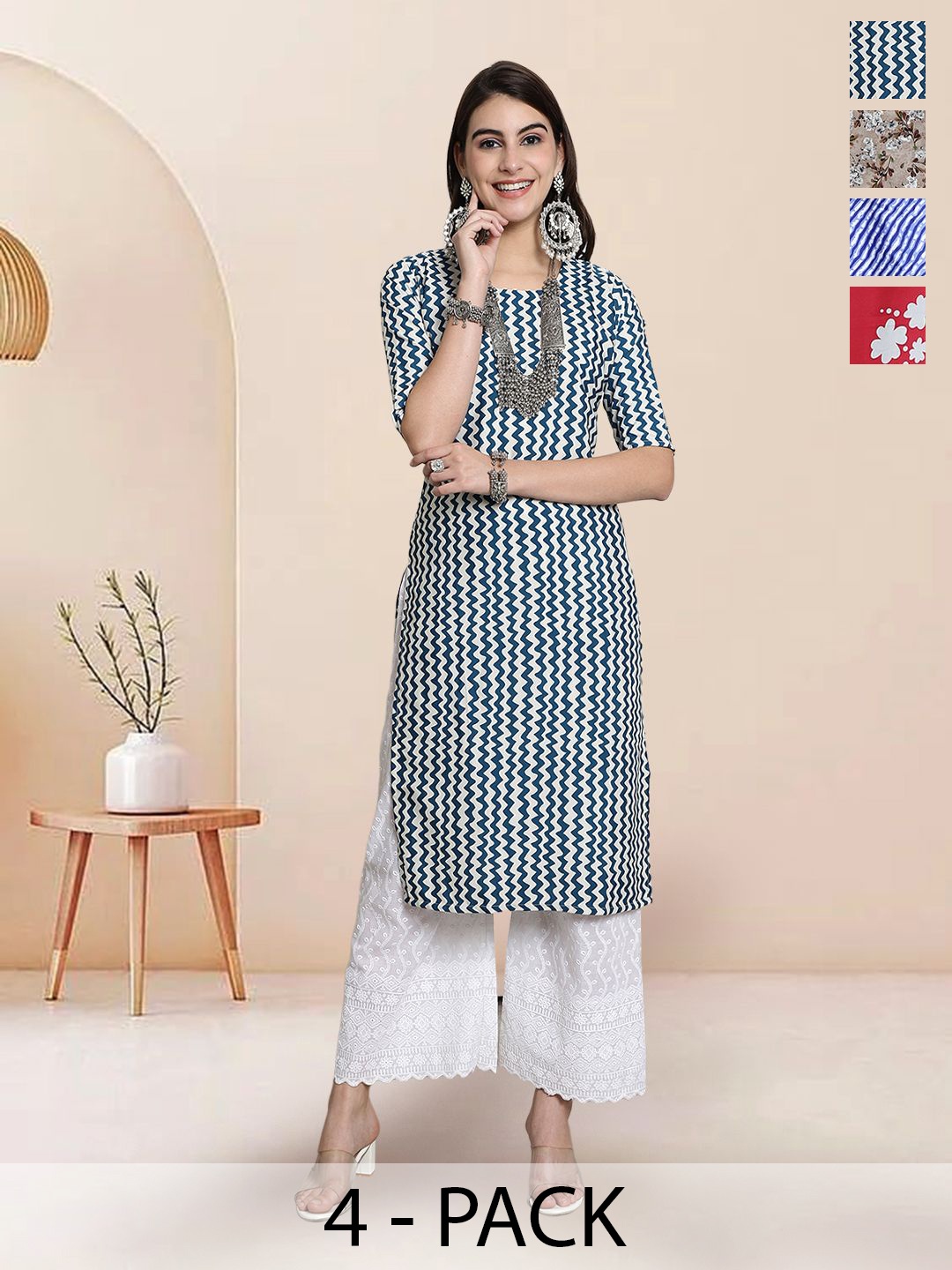 

7Threads Selection Of 4 Chevron Printed Round Neck Straight Kurtas, White