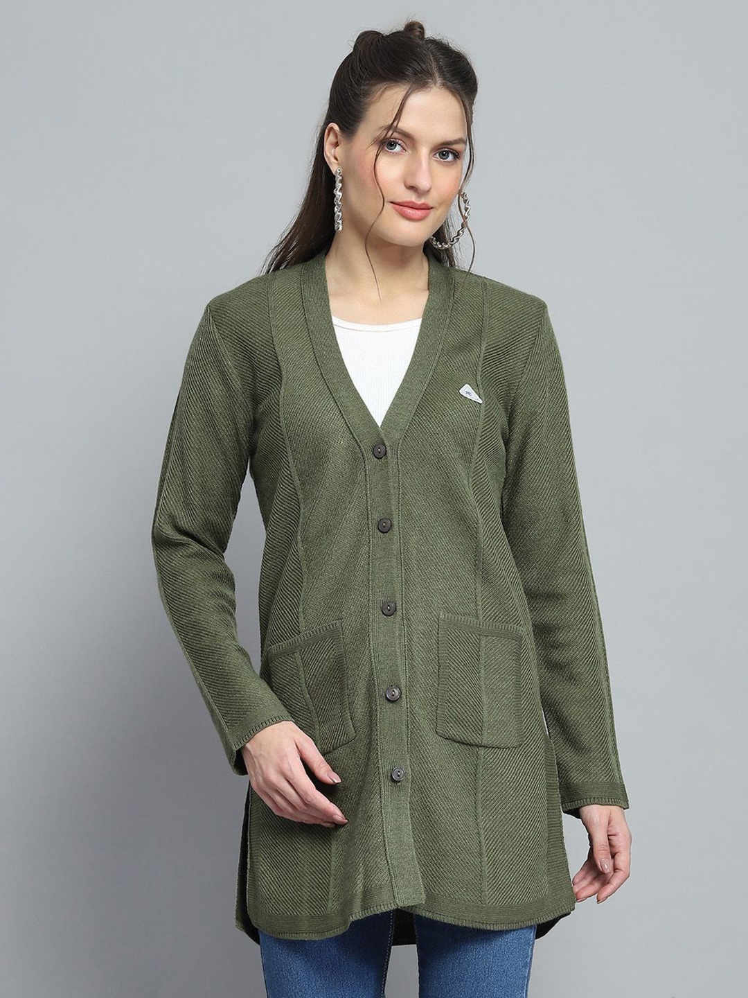 

Monte Carlo Women Woollen Longline Cardigan, Green