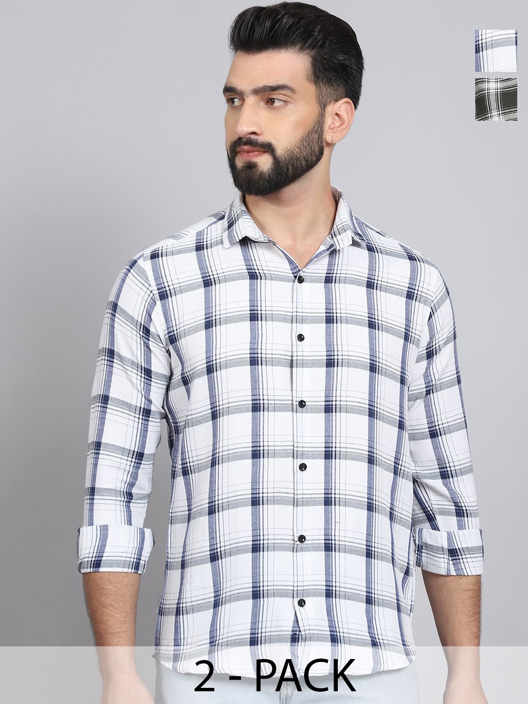 

Tanip Men Pack Of 2 Spread Collar Tartan Checked Cotton Casual Shirts, White
