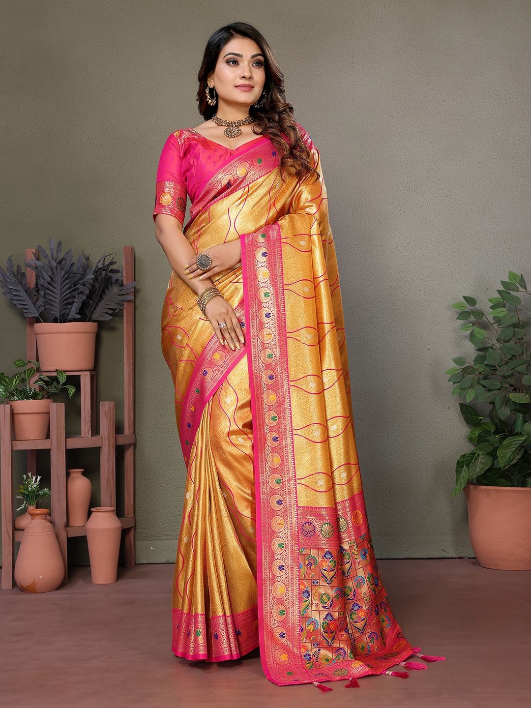 

Mitera Woven Design Zari Silk Blend Banarasi Saree, Yellow