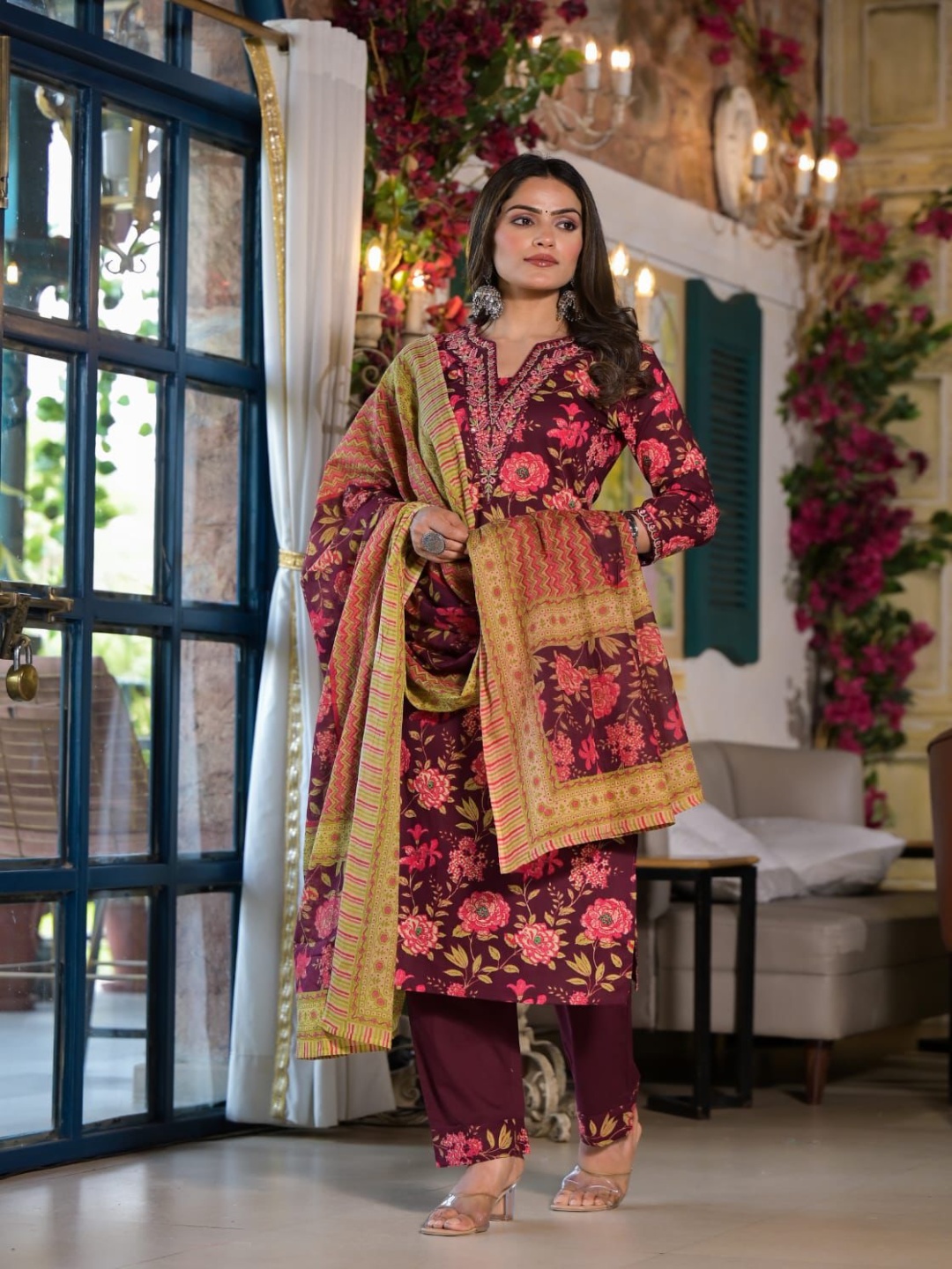 

KAJREE Floral Printed Notch Neck Pure Cotton Straight Kurta with Trousers & Dupatta, Red