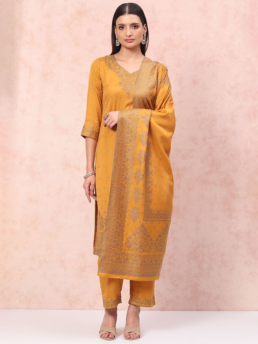 

Rangriti Floral Woven Design Straight Kurta With Palazzo & Dupatta, Yellow