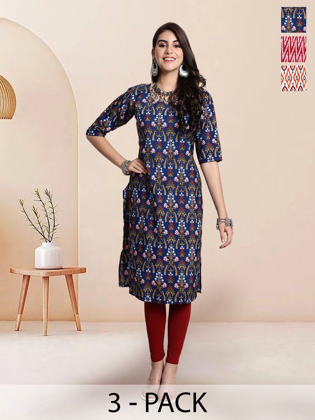 

7Threads Selection Of 3 Ethnic Motifs Printed Round Neck Straight Kurtas, Blue