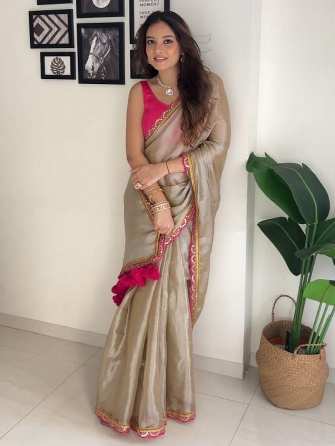 

bansari textiles Embroidered Tissue Maheshwari Saree, Beige