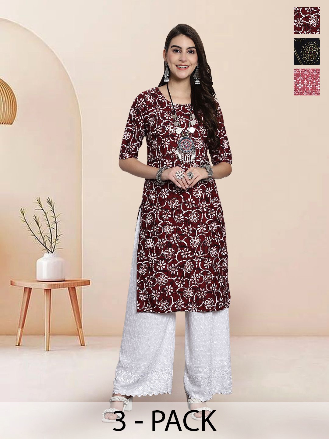 

7Threads Selection Of 3 Geometric Round Neck Straight Kurtas, Multi