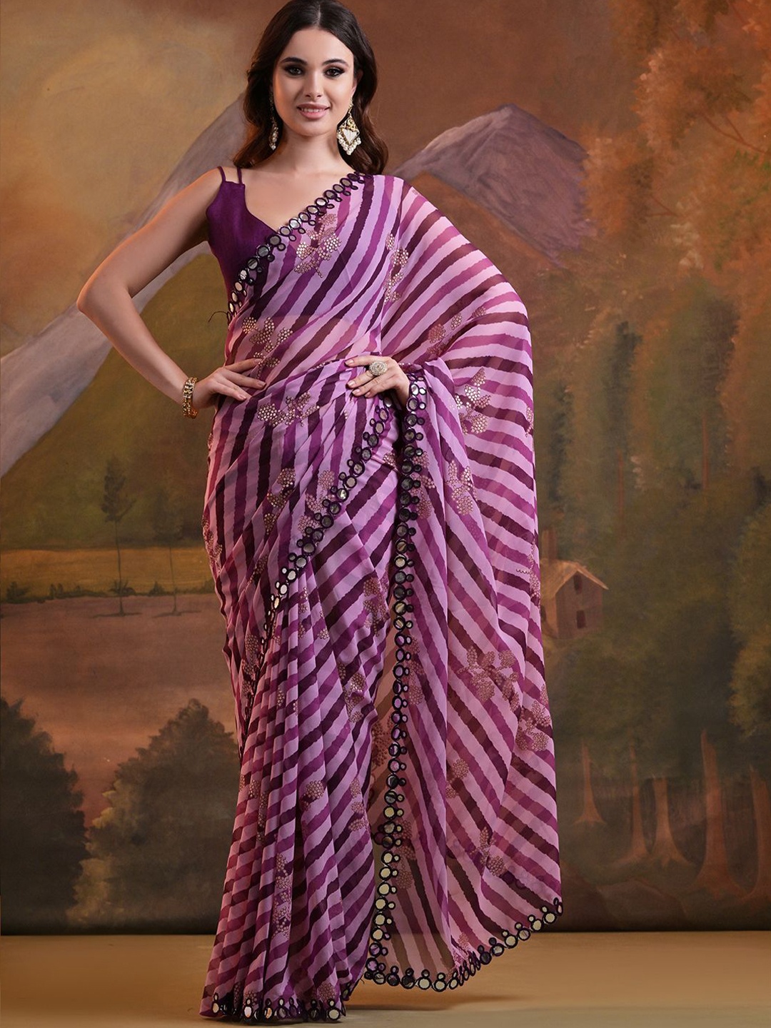 

KALINI Leheriya Mirror Work Poly Georgette Saree, Magenta