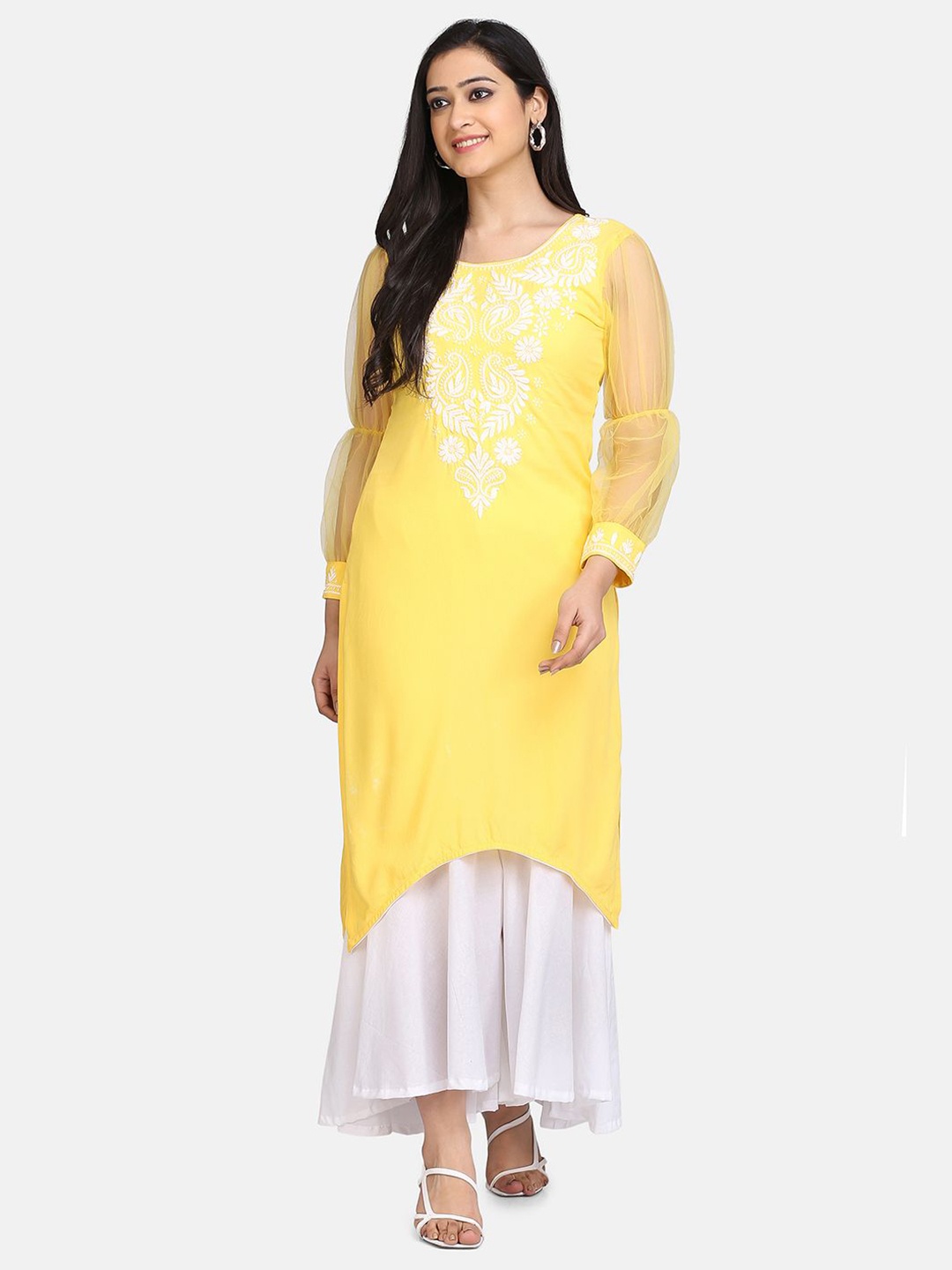

SHADES OF FAASHION Ethnic Motifs Embroidered Chikankari Pure Cotton Straight Kurta, Yellow