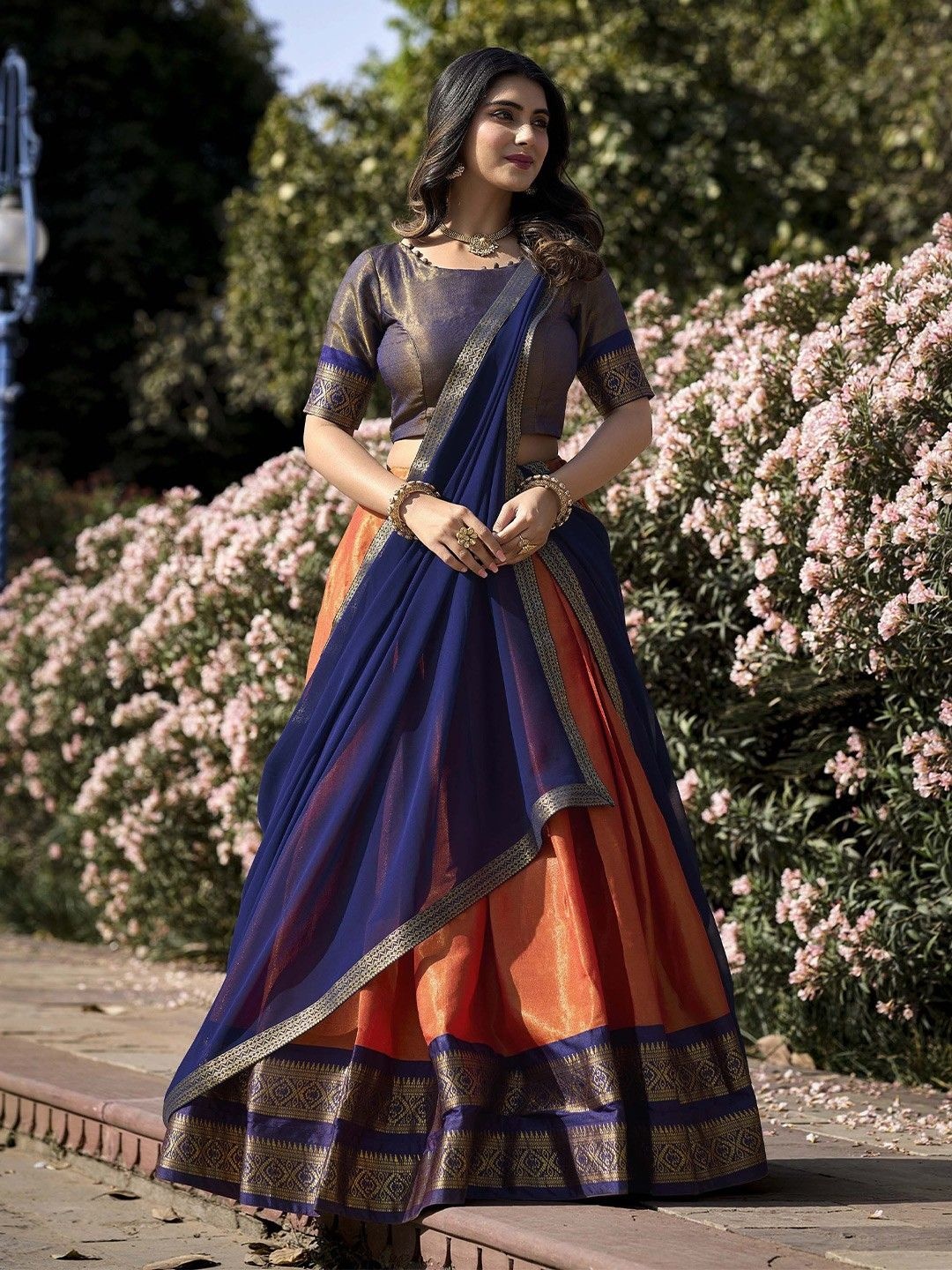 

JATRIQQ Kanchipuram Silk Zari Ready to Wear Lehenga & Unstitched Blouse With Dupatta, Orange