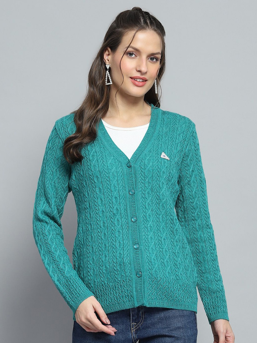 

Monte Carlo Women Cable Knit Woollen Cardigan, Green