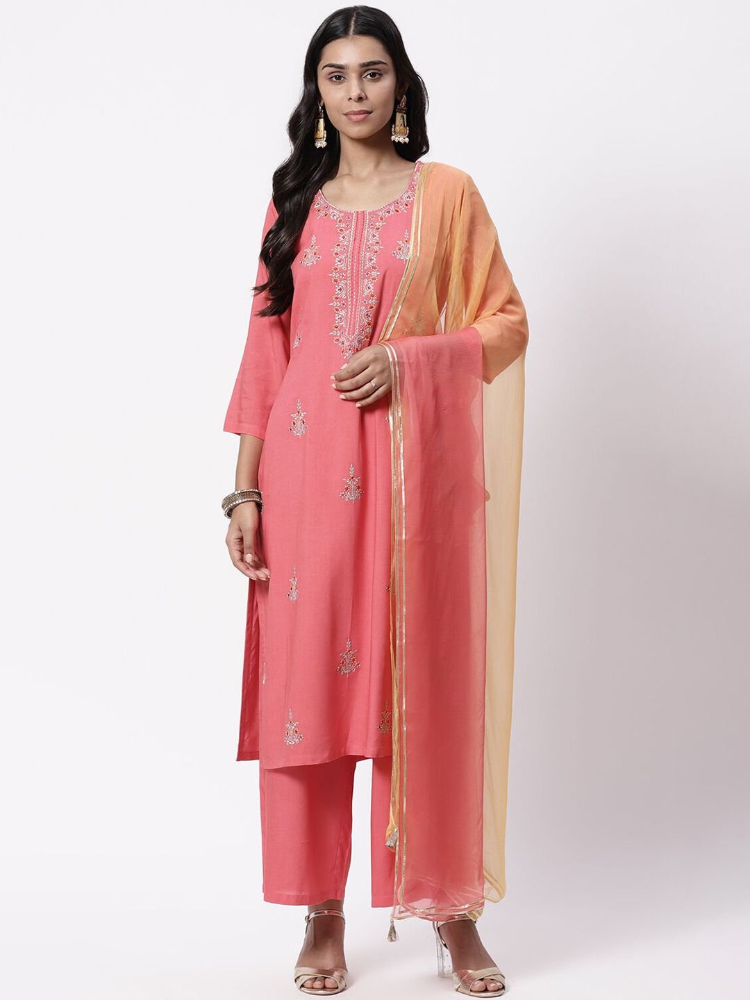 

Rangriti Floral Embroidered Round Neck Thread Work Straight Kurta With Palazzo & Dupatta, Coral