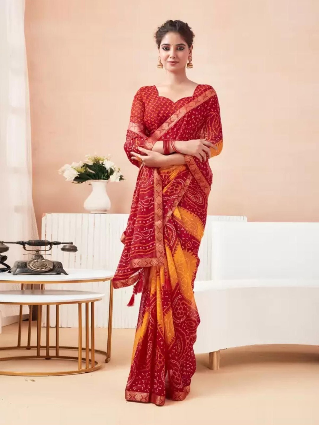 

DURGA EMPORIO Bandhani Pure Chiffon Bandhani Saree, Red