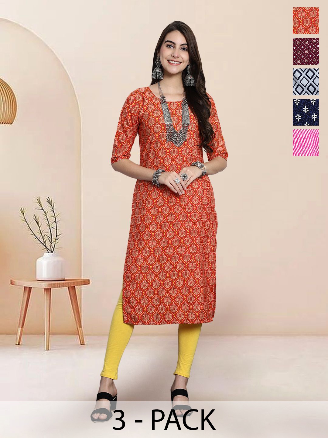 

7Threads Selection Of 5 Ethnic Motifs Printed Round Neck Straight Kurtas, Orange