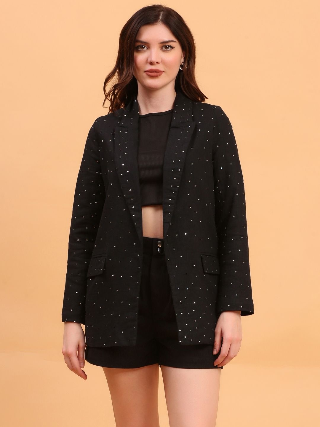 

ECO LEAS BY SHIPRA Embellished Notched Lapel Front Open Blazers, Black