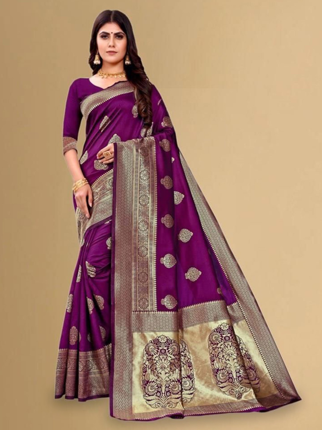 

Melok Woven Design Zari Silk Blend Banarasi Saree, Purple