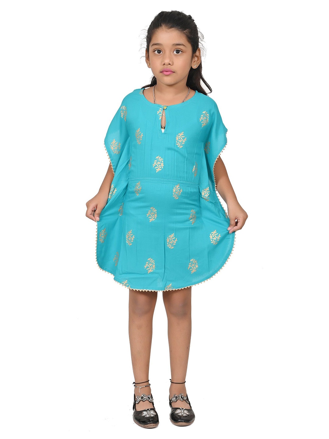

Megha Overseas Floral Print Flared Sleeve Blouson Crop Top, Turquoise blue