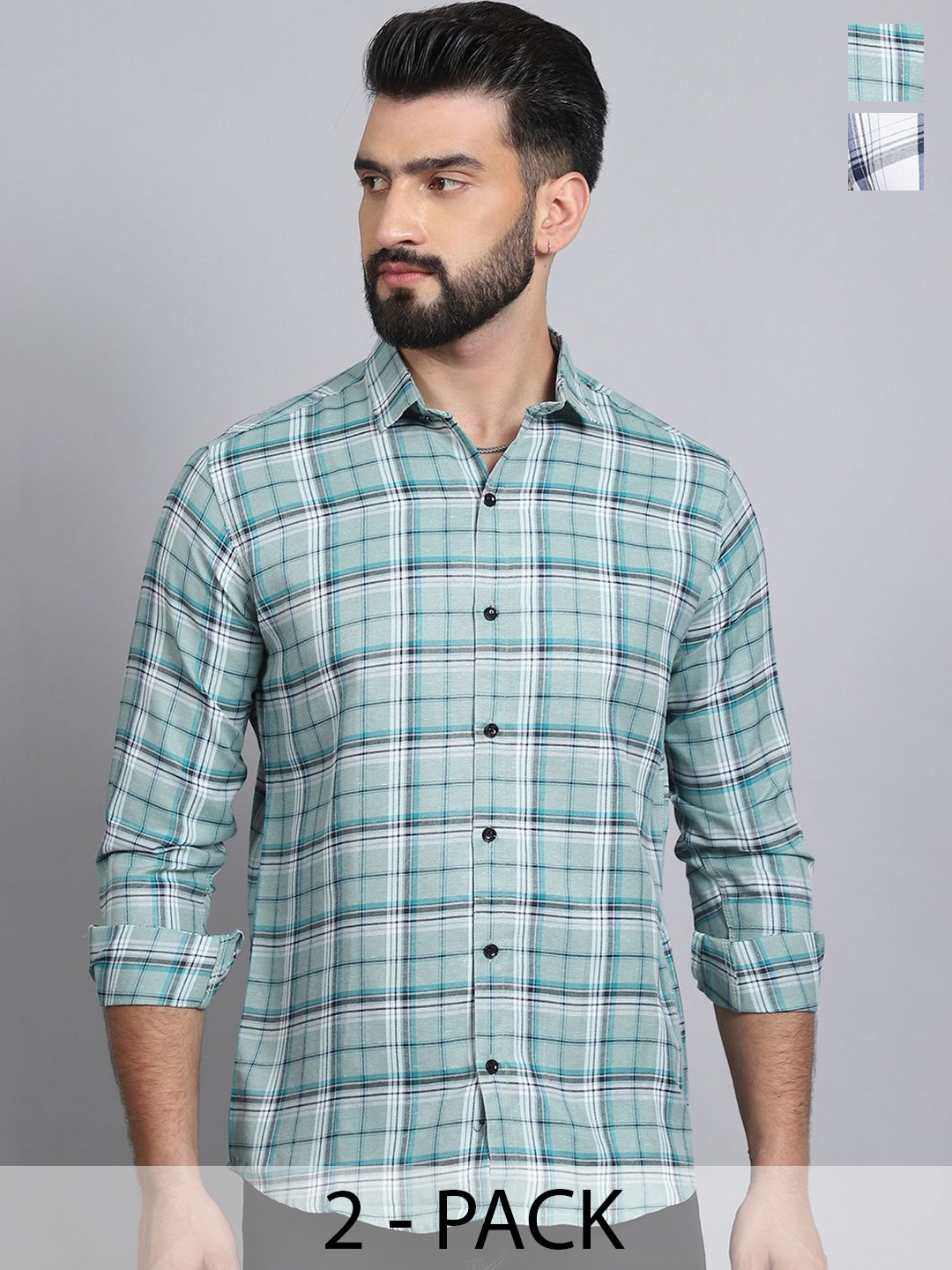 

Tanip Men Pack Of 2 Spread Collar Tartan Checked Cotton Casual Shirts, Green