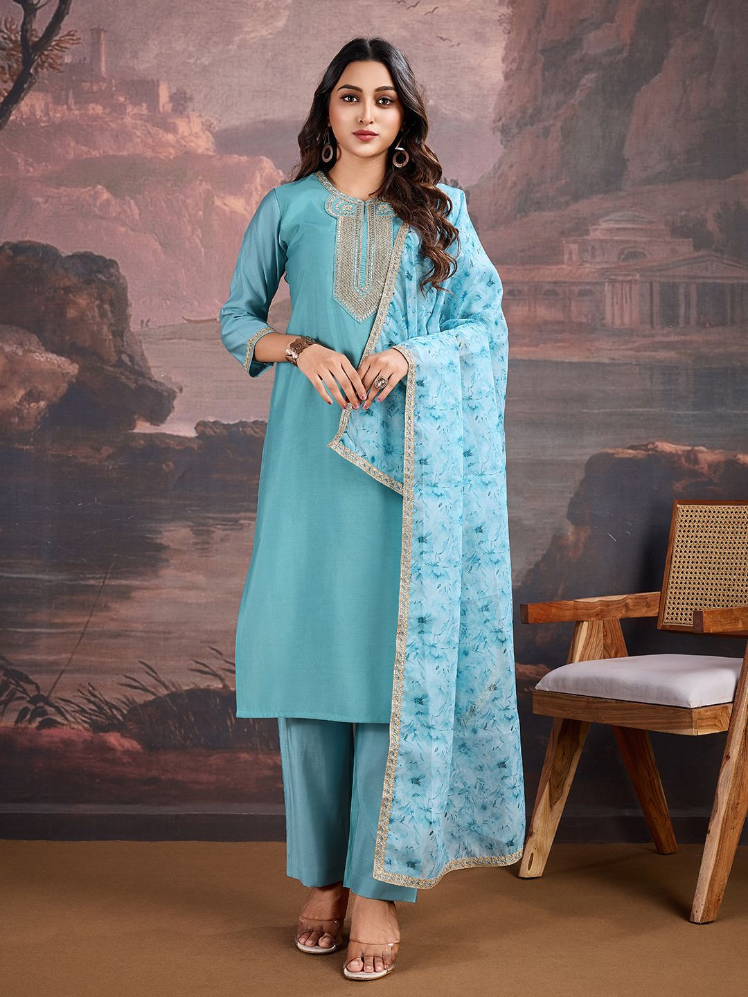 

House of Pataudi Ethnic Motifs Yoke Design Sequinned Straight Kurta & Trouser With Dupatta, Blue