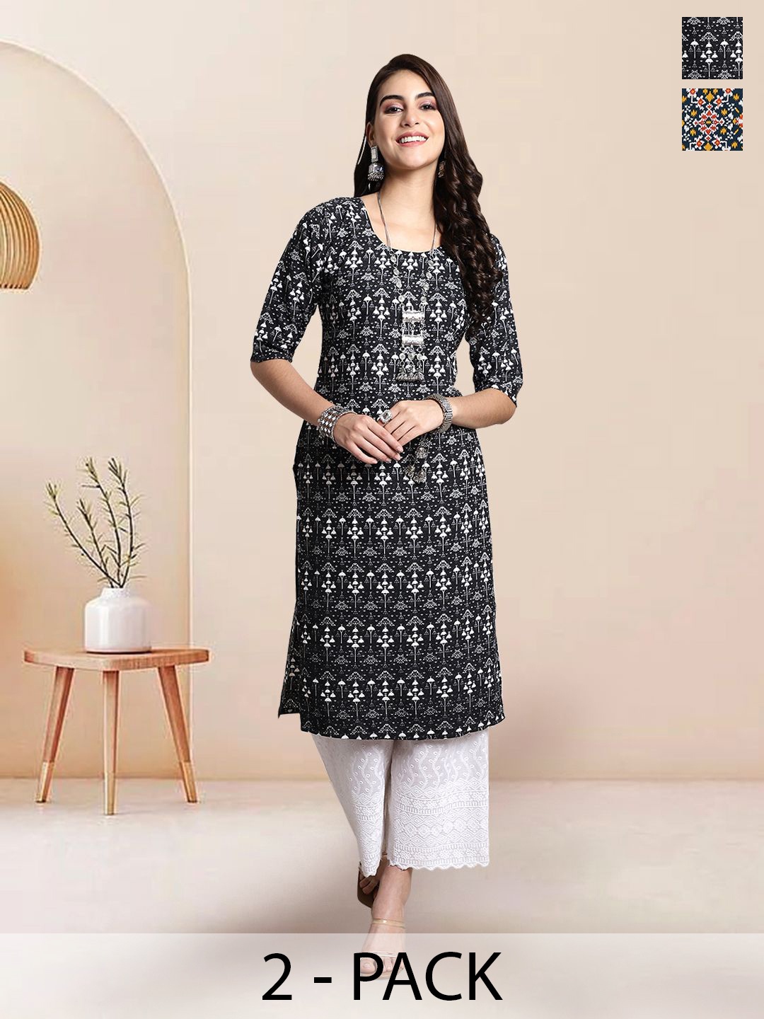 

7Threads Selection Of 2 Ethnic Motifs Printed Round Neck Straight Kurtas, Black