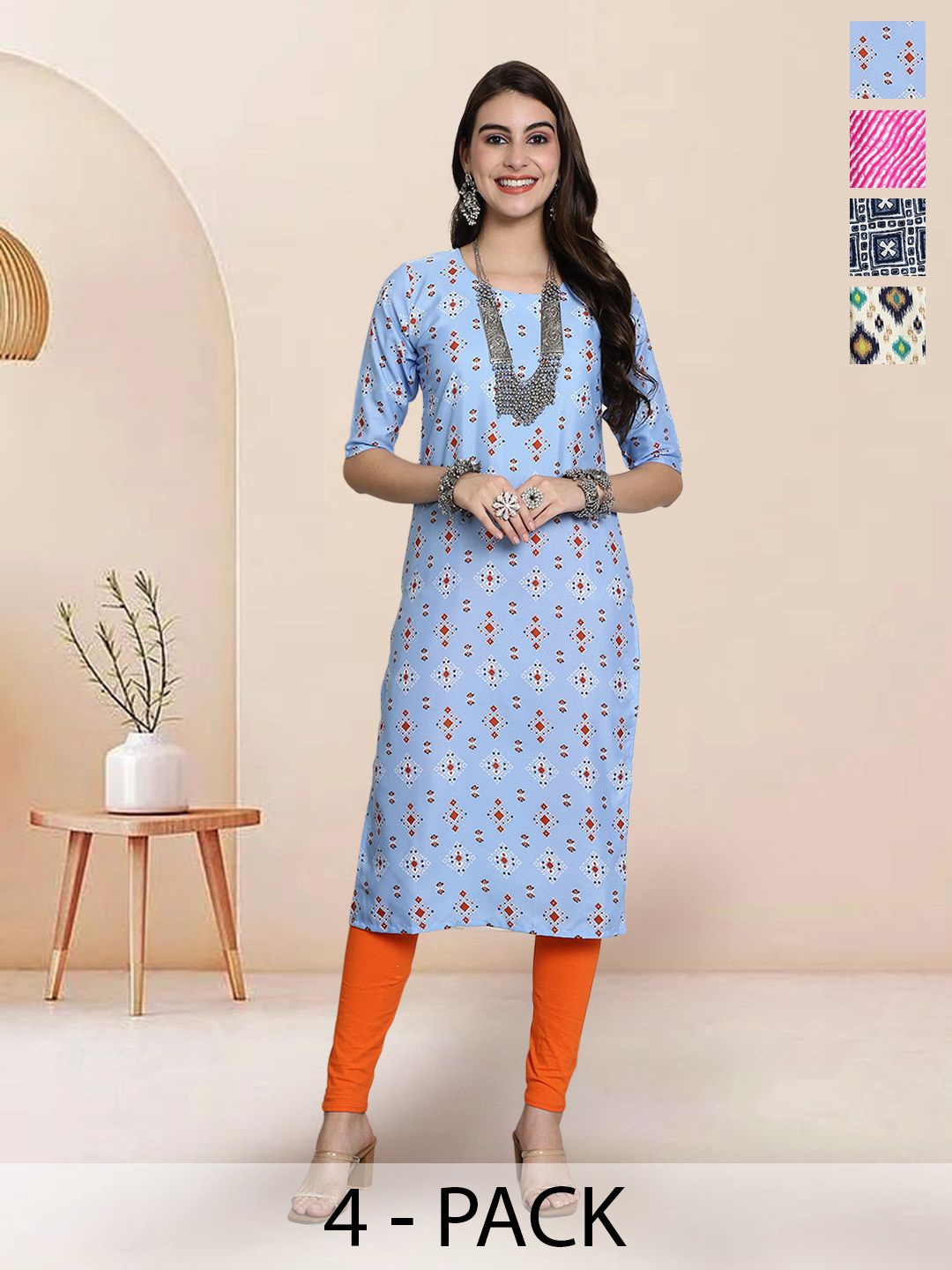 

7Threads Selection Of 4 Geometric Printed Round Neck Kurtas, Blue