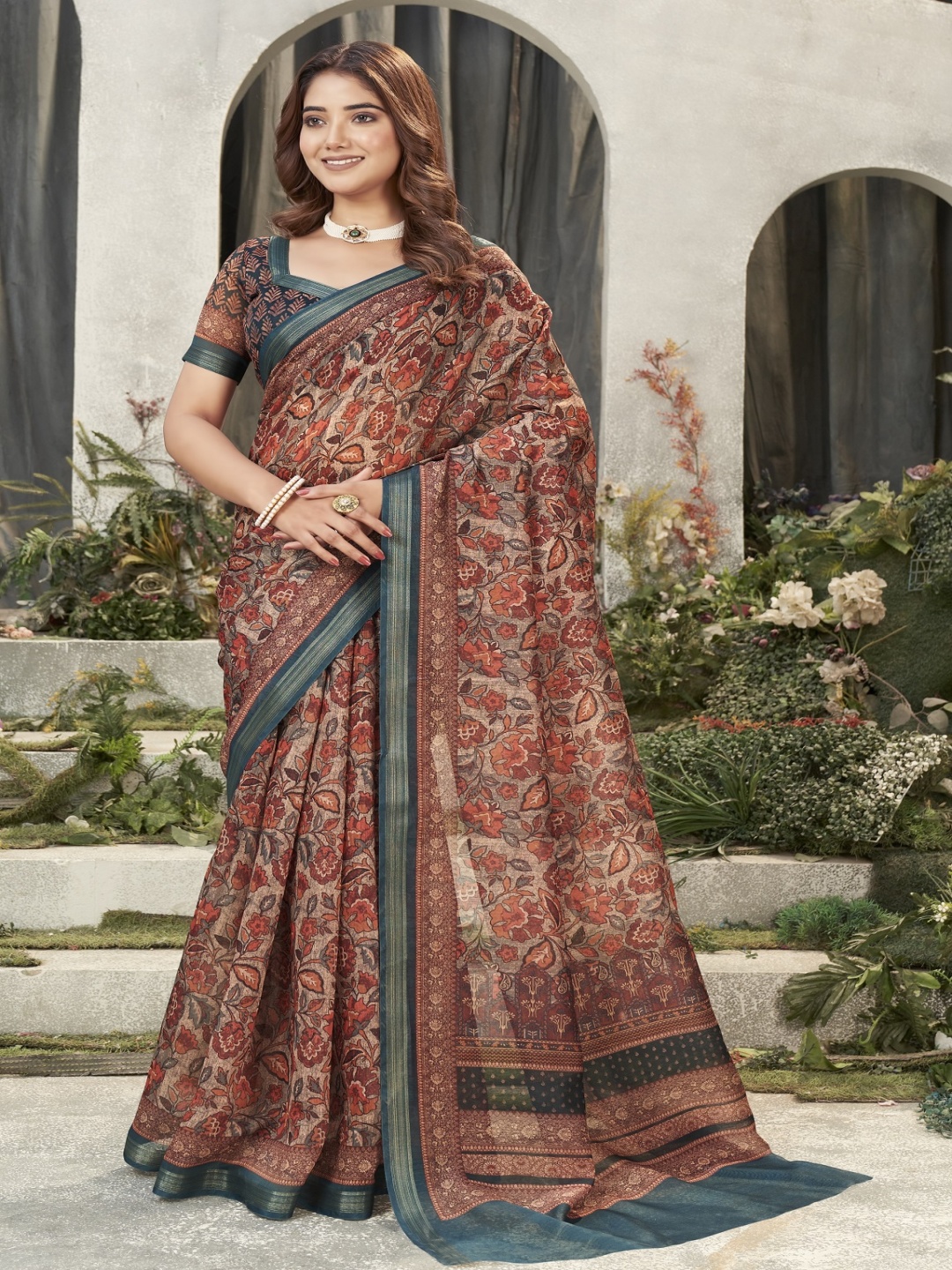 

Mitera Floral Printed Zari Chanderi Saree, Brown