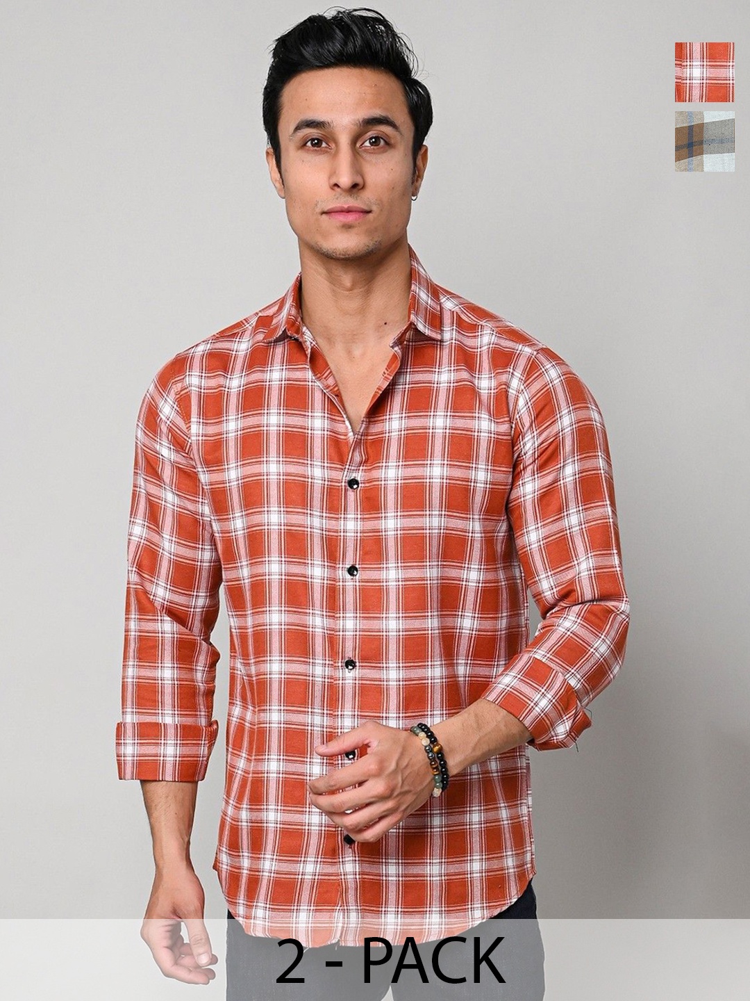 

Tanip Men Pack Of 2 Spread Collar Tartan Checked Cotton Casual Shirts, Orange