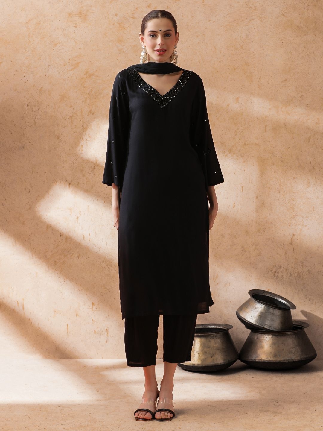 

STYLEBAAZI Embroidered V-Neck Mirror Work Straight Kurta With Trouser & Dupatta, Black