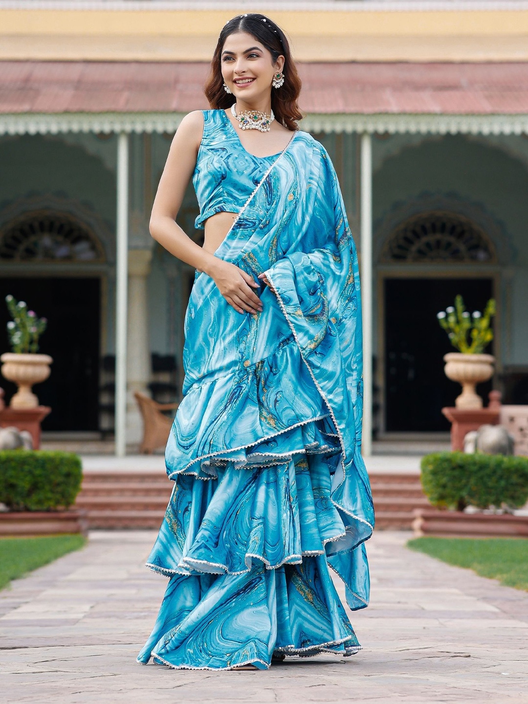 

ASHEERA Tie and Dye Gotta Patti Satin Ready to Wear Saree, Blue