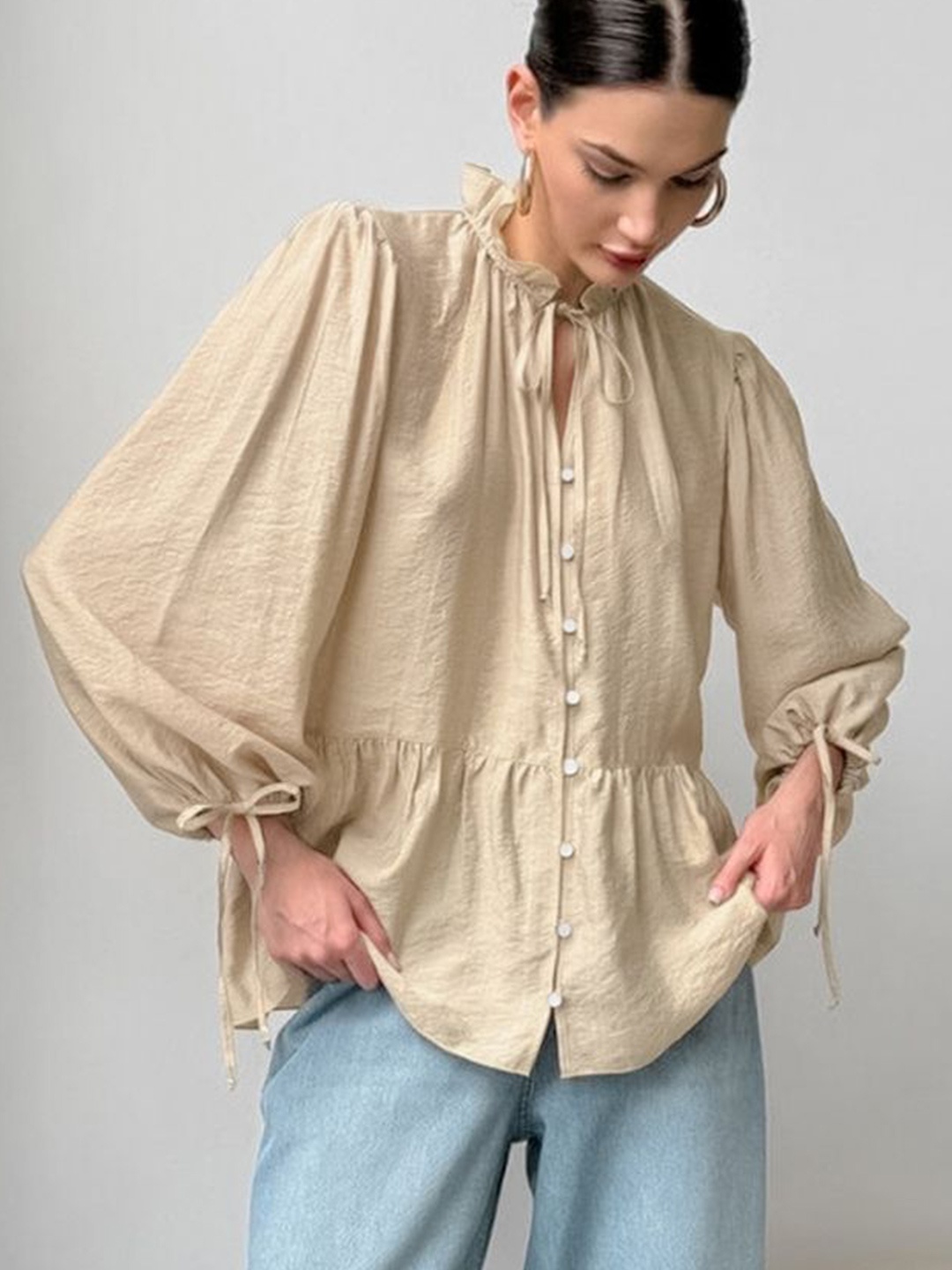 

LULU & SKY Tie-Up Neck Shirt Style Top, Khaki