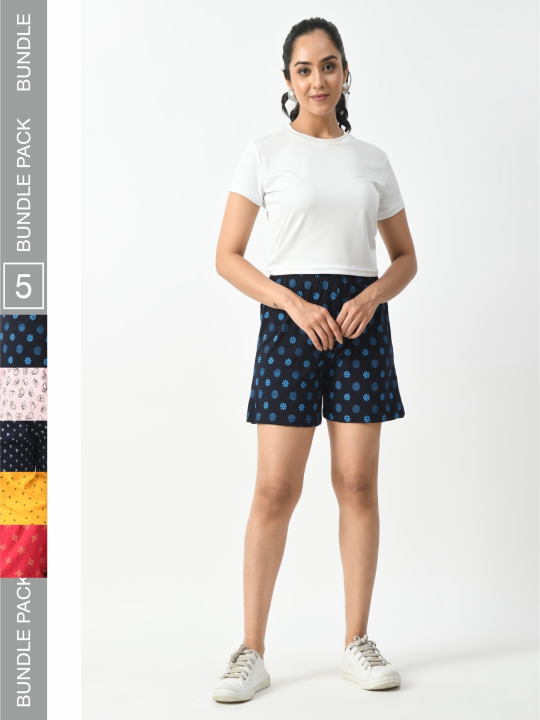 

BAESD Women Pack Of 5 Printed High-Rise Cotton Hotpant Shorts, Navy blue